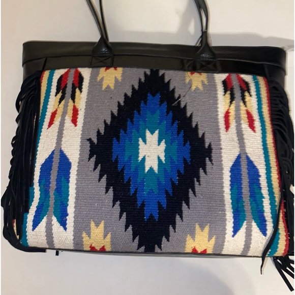 ECOTORIE BLEU SOUTHWEST INDIGENOUS BLANKET IN BLUE AND BLACK LEATHER HANDBAG NWT - Picture 1 of 5